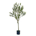 59" Green Artificial Olive Tree In Cylindrical Black Pot. Artificial plants and tree isolated on a plain white background, showing a plastic surface.
