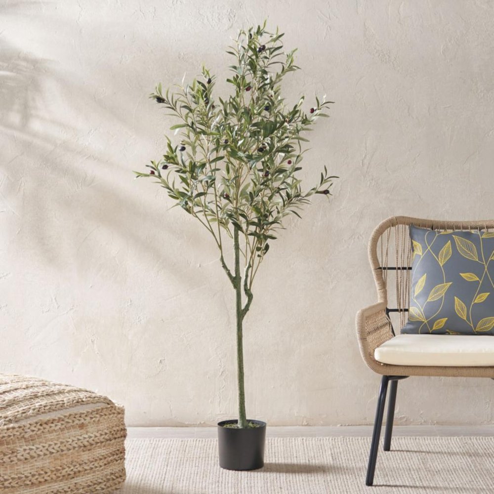 59" Green Artificial Olive Tree In Cylindrical Black Pot