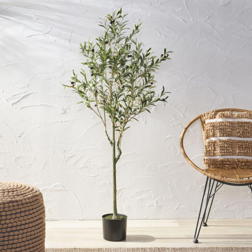 59" Green Artificial Olive Tree In Cylindrical Black Pot