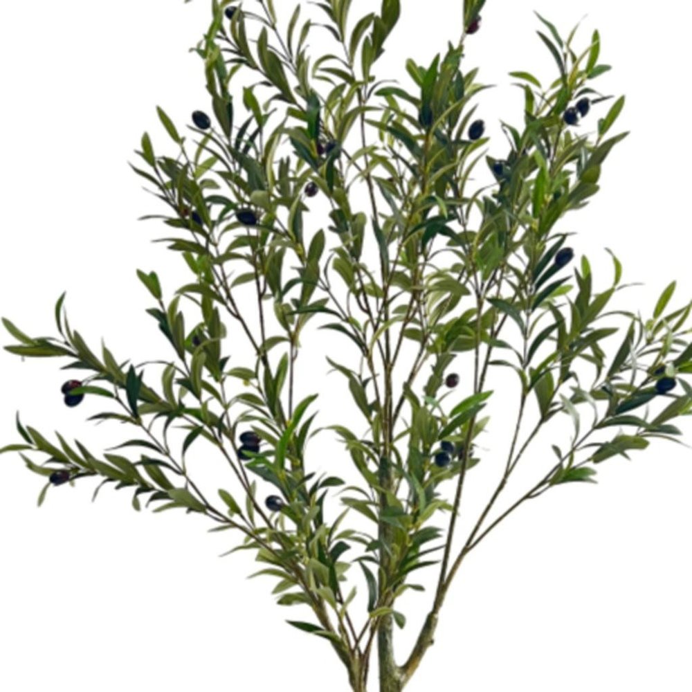 59" Green Artificial Olive Tree In Cylindrical Black Pot. Artificial plants and tree isolated on a plain white background, showing a green plastic surface.