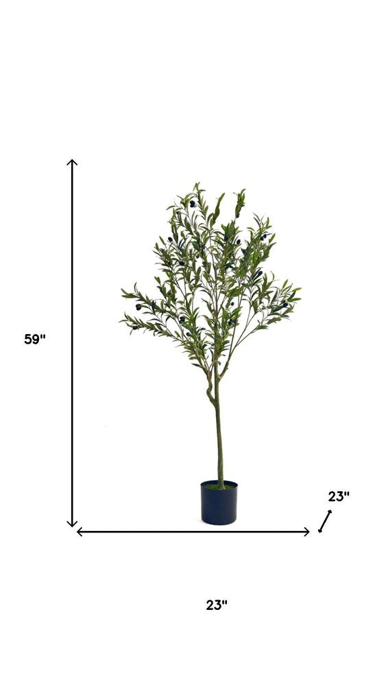 59" Green Artificial Olive Tree In Cylindrical Black Pot. Artificial plants and tree isolated on a plain white background, showing a plastic surface.