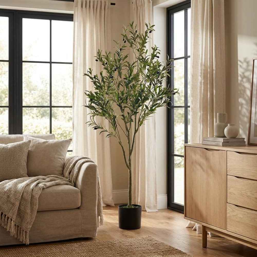 71" Green Artificial Olive Tree In Cylindrical Black Pot in a home interior