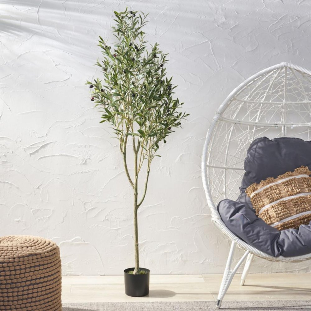 71" Green Artificial Olive Tree In Cylindrical Black Pot