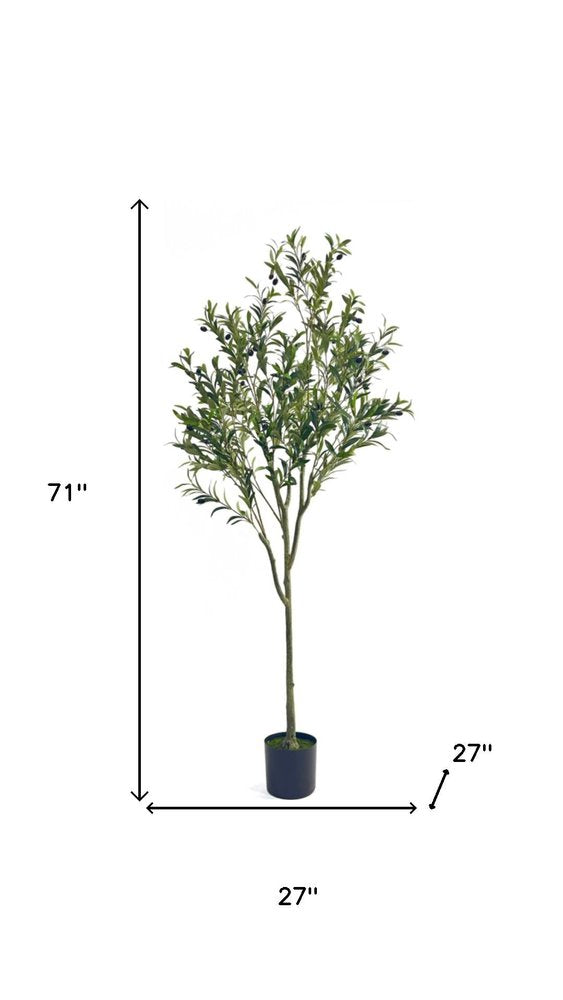71" Green Artificial Olive Tree In Cylindrical Black Pot on a white background