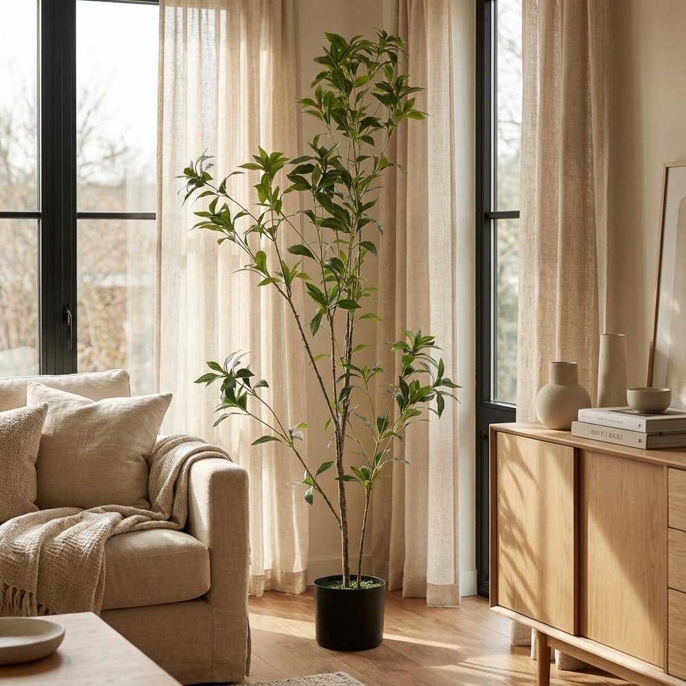 47" Green Artificial In Cylindrical Black Pot. Artificial plants and tree in black plastic.