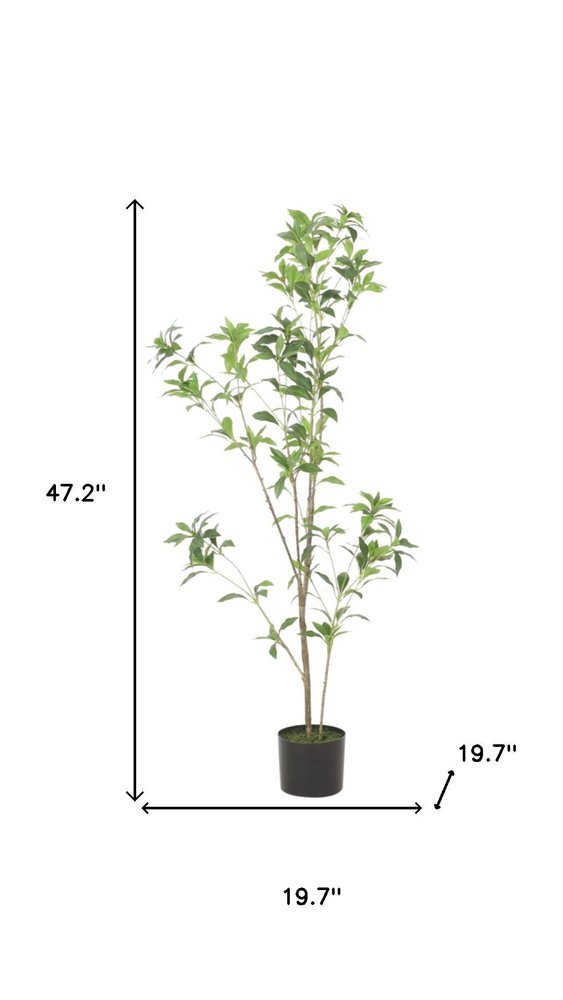 47" Green Artificial In Cylindrical Black Pot. Artificial plants and tree isolated on a plain white background, showing a green plastic surface.