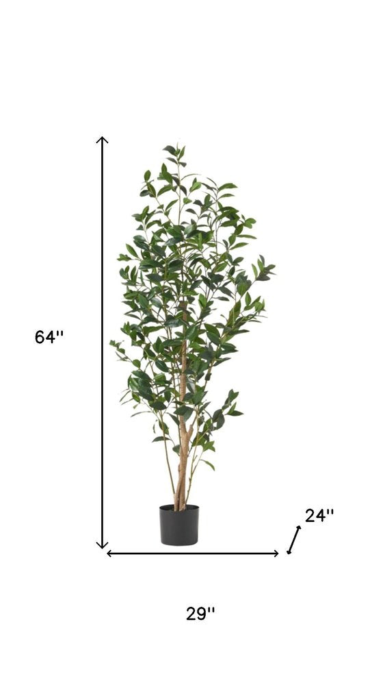 64" Green Artificial In Cylindrical Black Pot. Artificial plants and tree isolated on a plain white background, finished in green plastic.