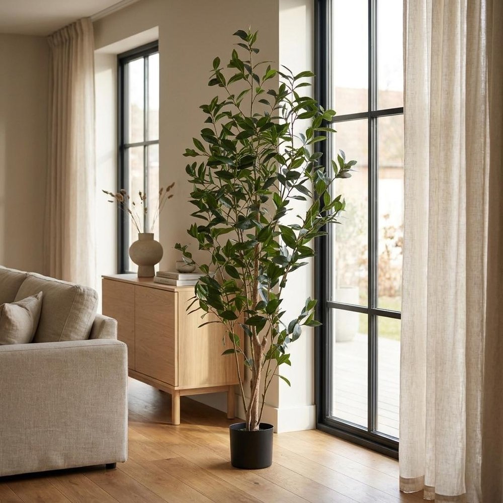 64" Green Artificial In Cylindrical Black Pot styled in a furnished interior with a brown wall on a wood floor.