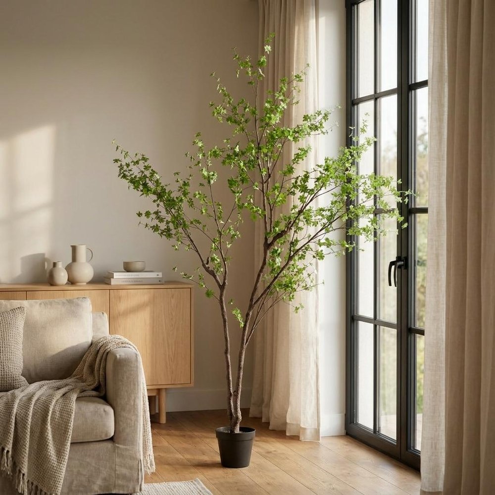 118" Green Artificial In Cylindrical Black Pot. Artificial plants and tree in black plastic.