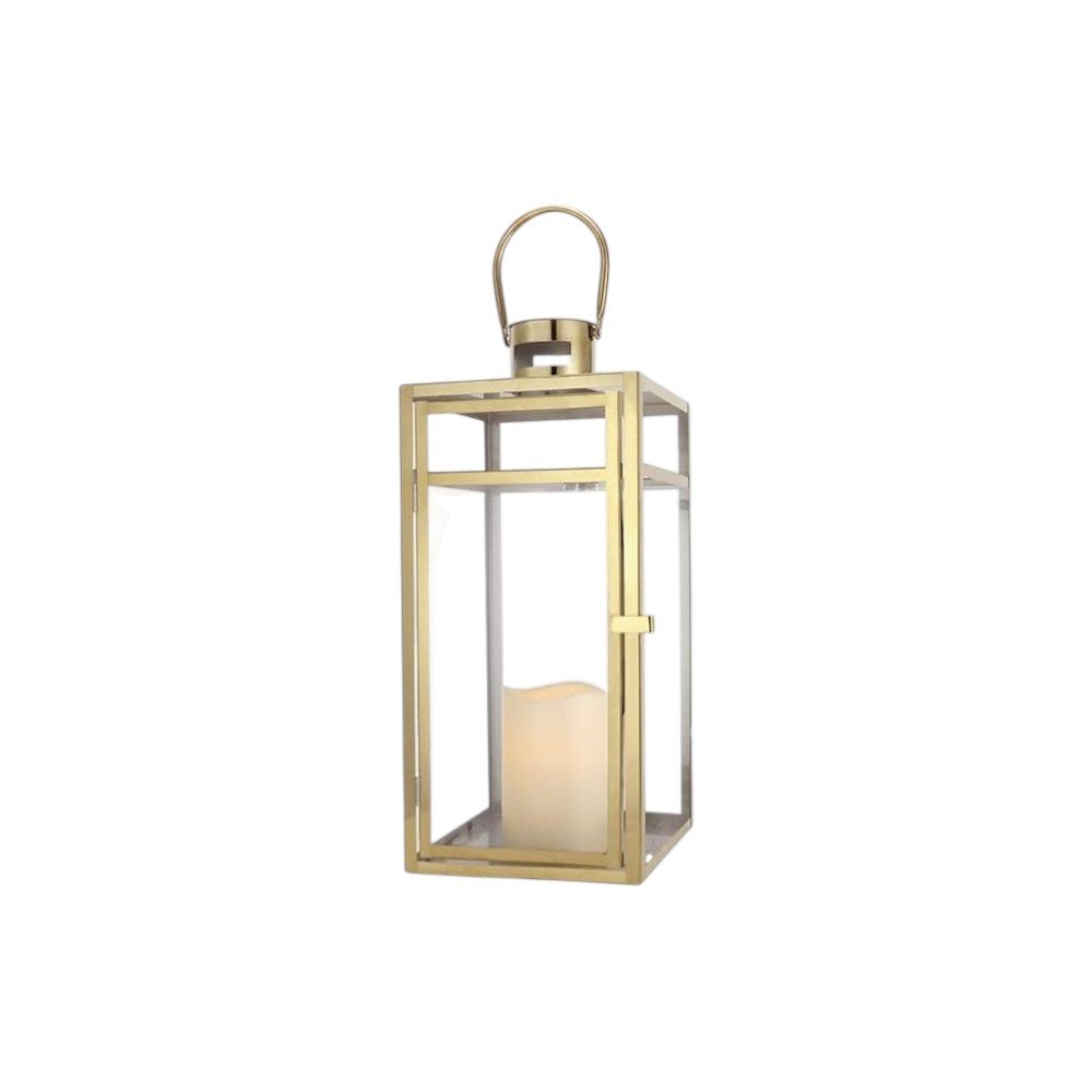 Set of Three Clear And Gold Glass And Stainless Steel Tabletop Lantern Candle Holders