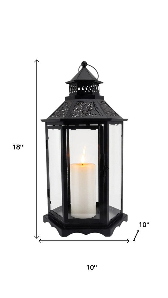 Set of Three Clear And Black Glass And Metal Floor Lantern Candle Holders