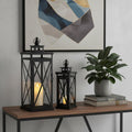Set of Two Clear And Black Glass And Metal Tabletop Lantern Candle Holders