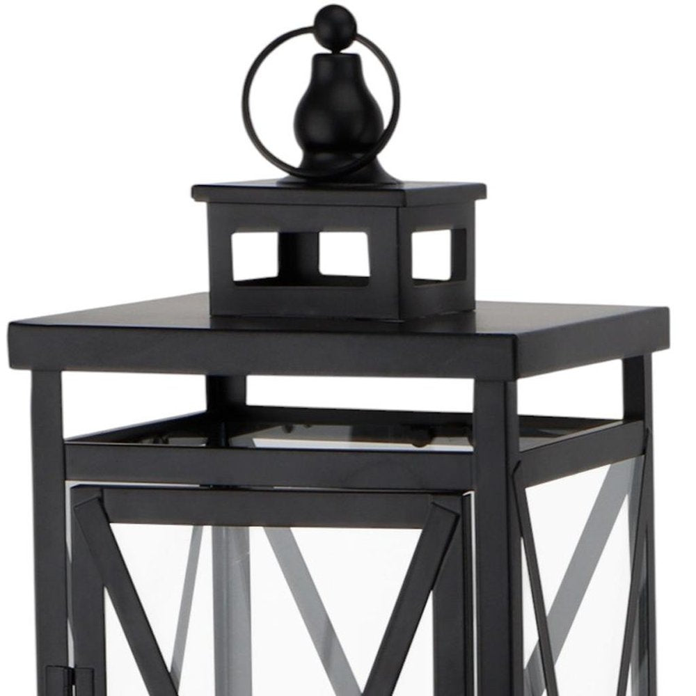 Set of Two Clear And Black Glass And Metal Tabletop Lantern Candle Holders
