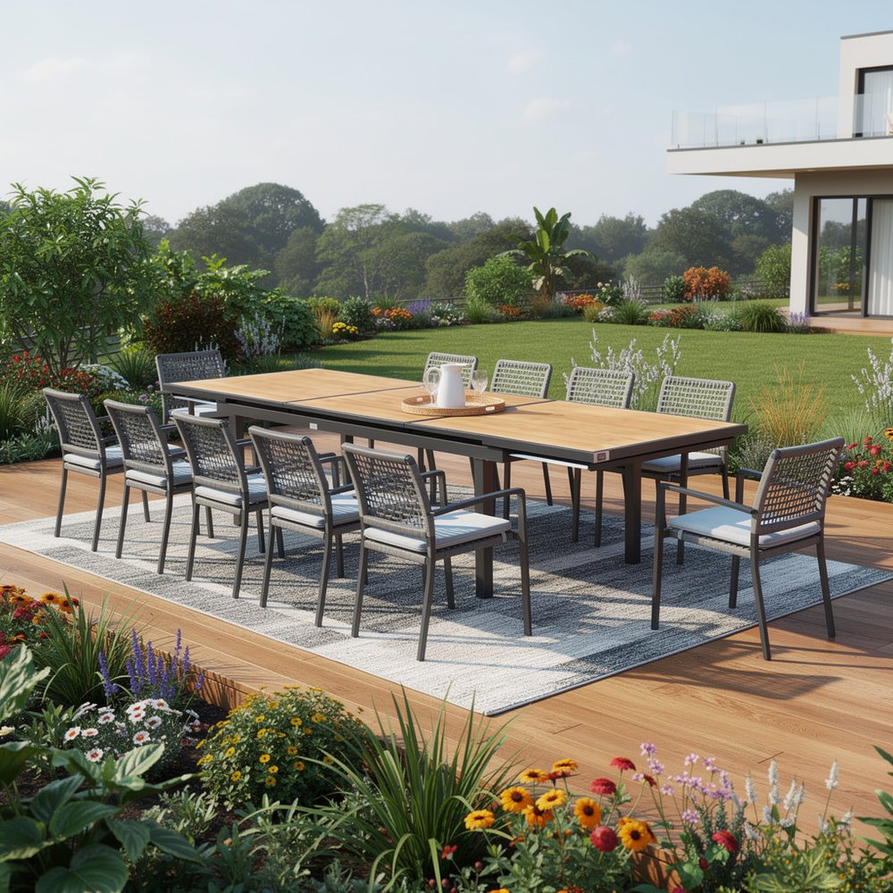 13 Piece Natural and Black Solid Wood Dining Set with Twelve Chairs