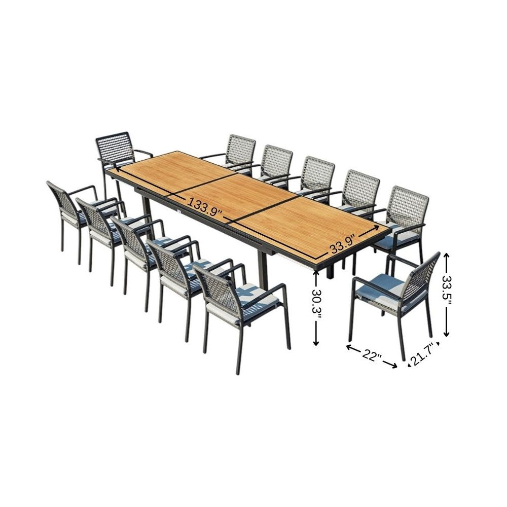 13 Piece Natural and Black Solid Wood Dining Set with Twelve Chairs