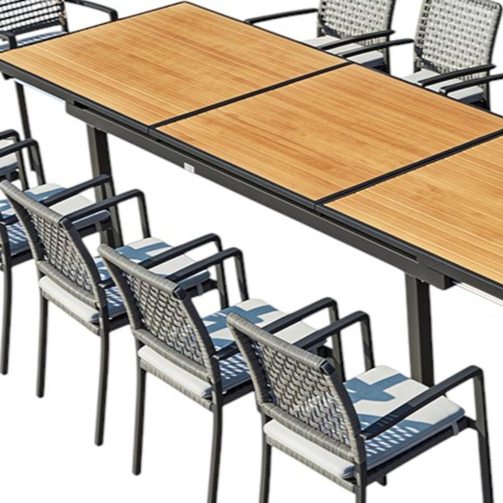 13 Piece Natural and Black Solid Wood Dining Set with Twelve Chairs