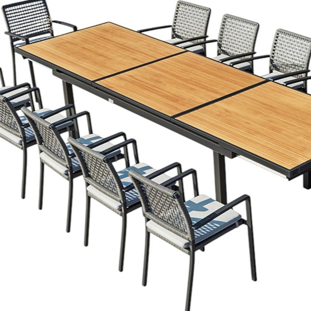 13 Piece Natural and Black Solid Wood Dining Set with Twelve Chairs