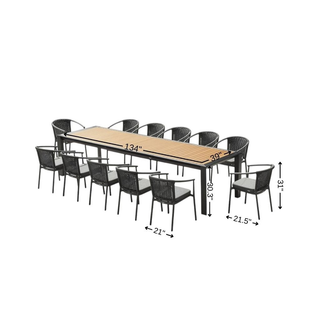 13 Piece Natural and Black Solid Wood Dining Set with Twelve Chairs - 30.30" H x 39.40" W x 86.60" D. Outdoor dining set isolated on a plain white background, showing a black wood surface.