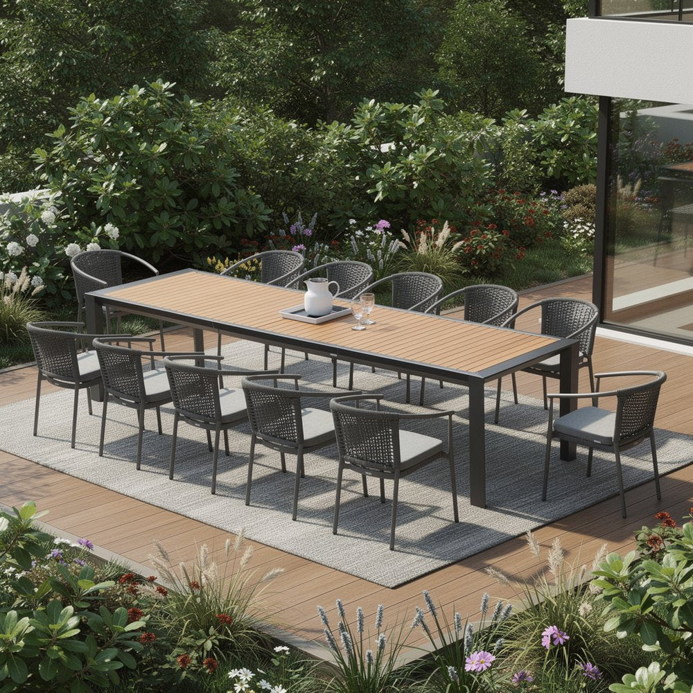 13 Piece Natural and Black Solid Wood Dining Set with Twelve Chairs