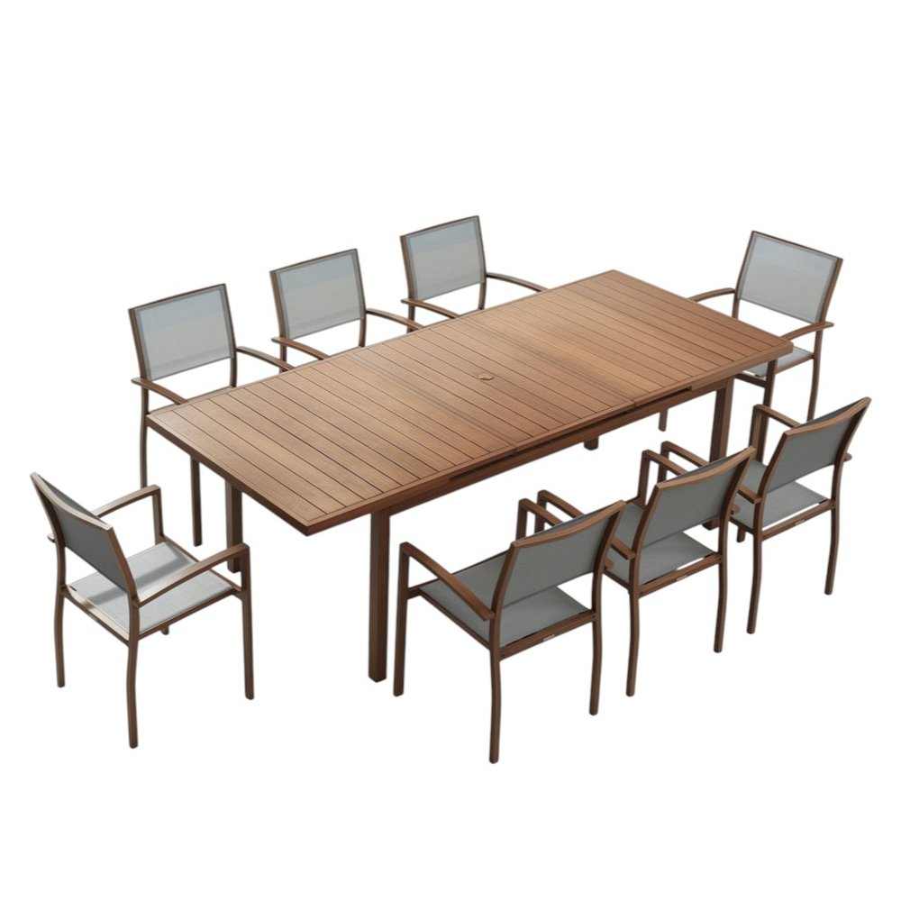 Brown metal dining set with eight chairs and a slatted tabletop on a white background.