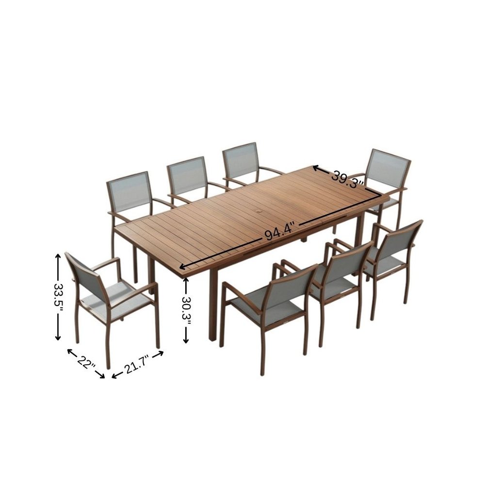 Nine Piece Brown Metal Dining Set with Eight Chairs