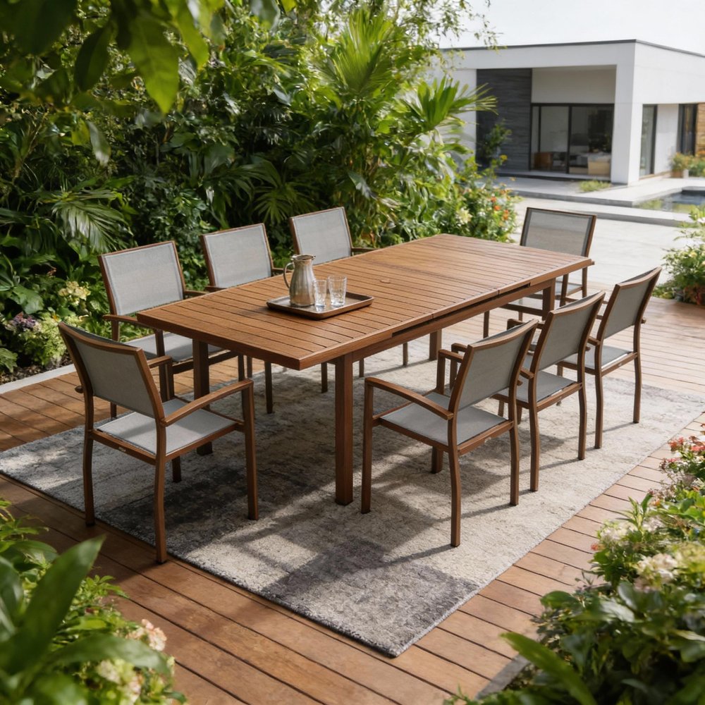 Nine Piece Brown Metal Dining Set with Eight Chairs in a home interior