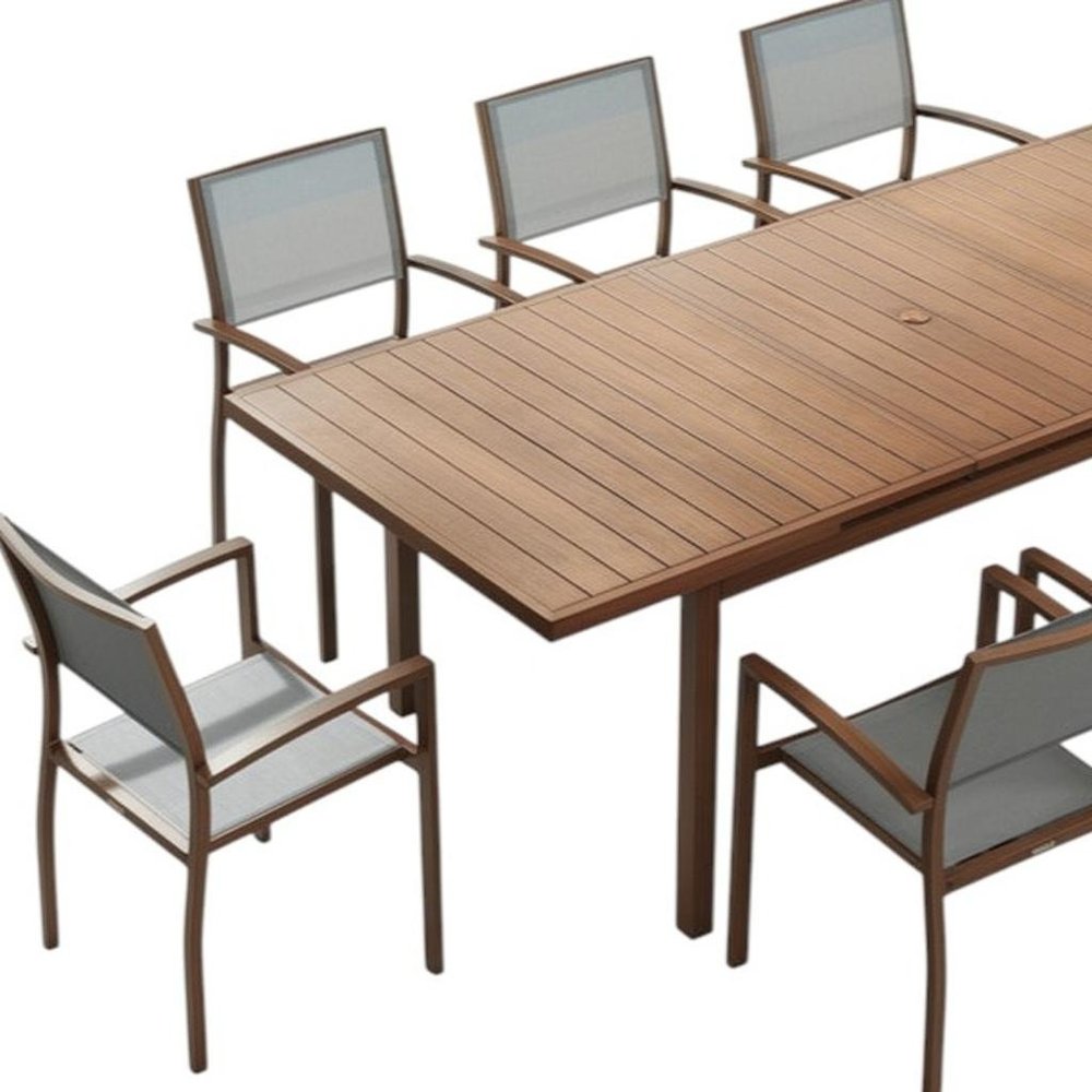 Nine Piece Brown Metal Dining Set with Eight Chairs