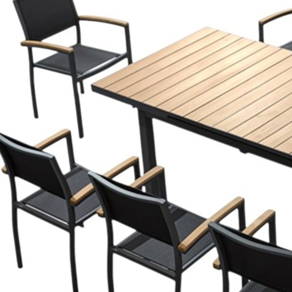 Nine Piece Natural and Black Heavy Duty Plastic Dining Set with Eight Chairs on a white background