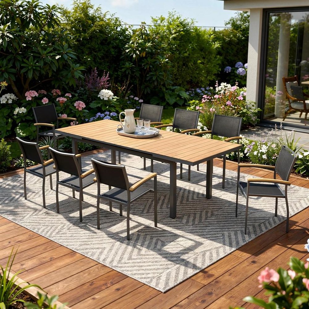 Nine Piece Natural and Black Heavy Duty Plastic Dining Set with Eight Chairs