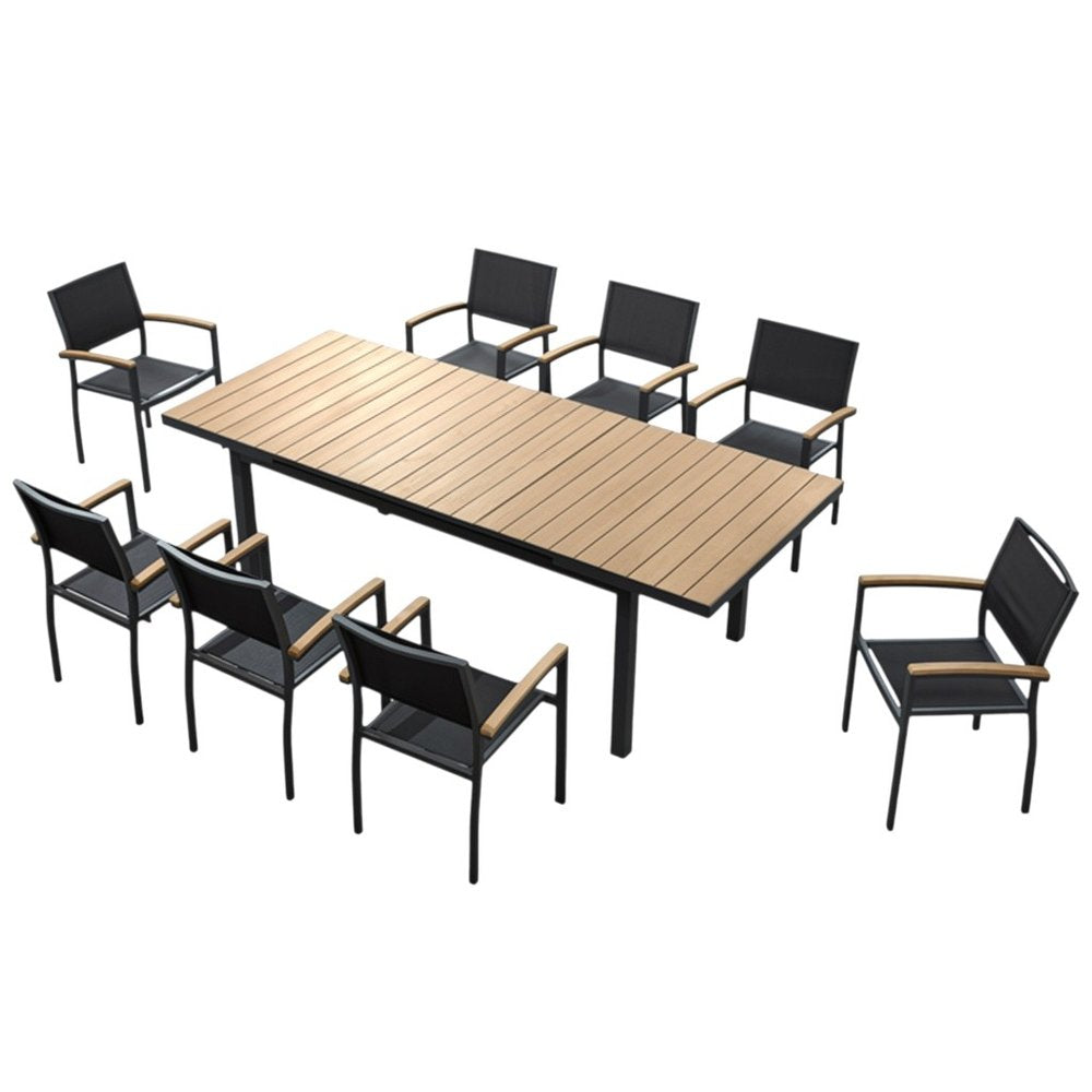 Eight black outdoor dining chairs with natural wood armrests surround a rectangular natural wood-look plastic dining table on a white background.