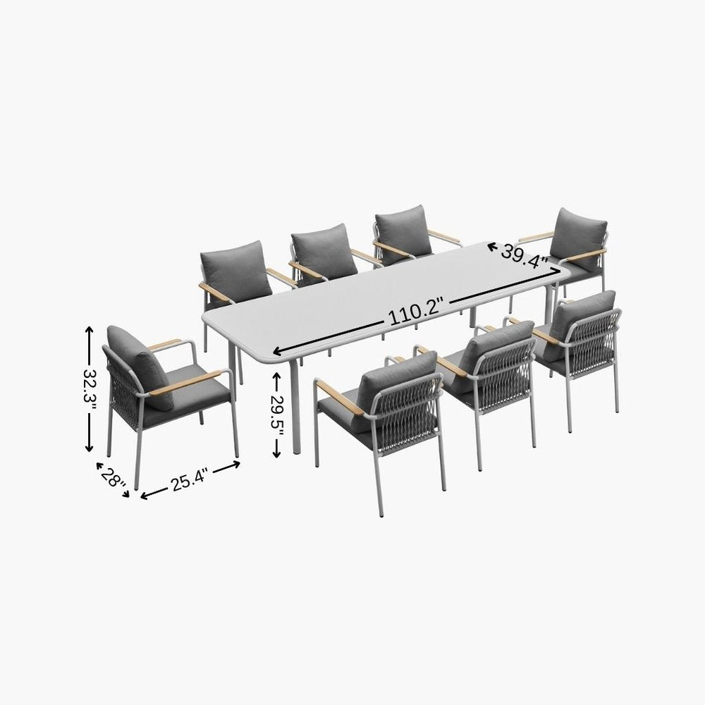 Nine Piece White Metal Dining Set with Eight Chairs on a white background