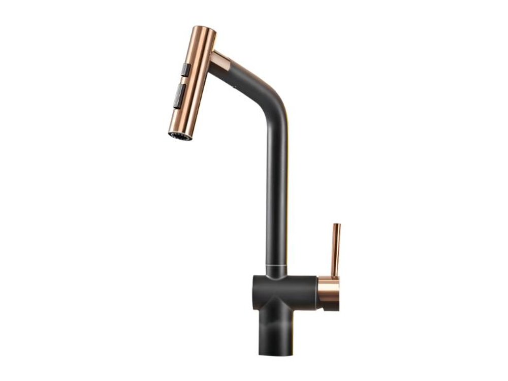 Black and rose gold pull-down bar faucet with a matte finish on a white background.