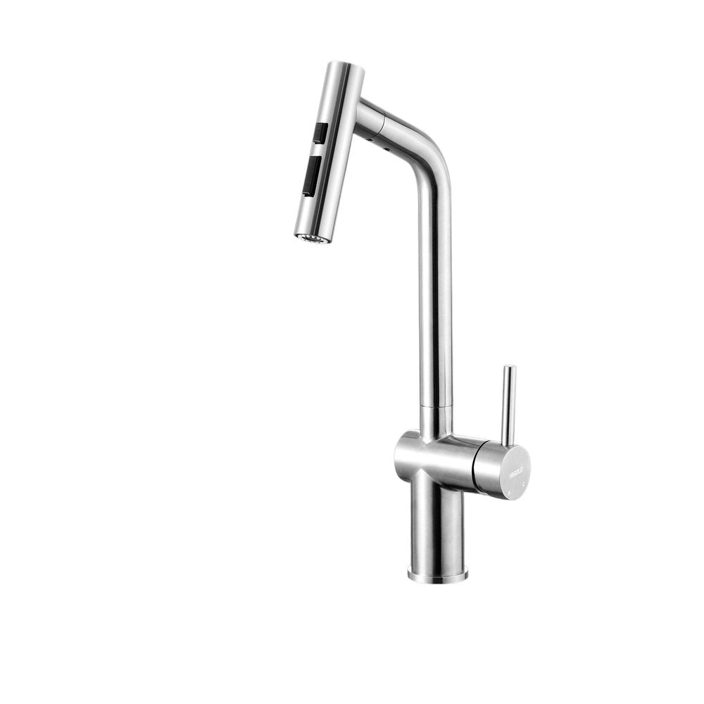 5" Silver Stainless Steel Bar Faucet. Kitchen faucet isolated on a plain white background, finished in silver metal.