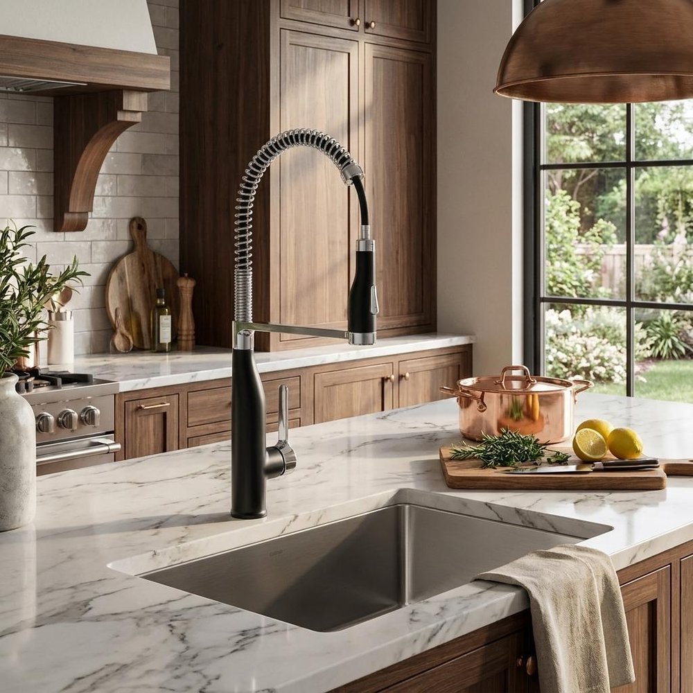4" Black Stainless Steel Pull-Down Faucet styled in a furnished interior with a dark brown wall on a wood floor.