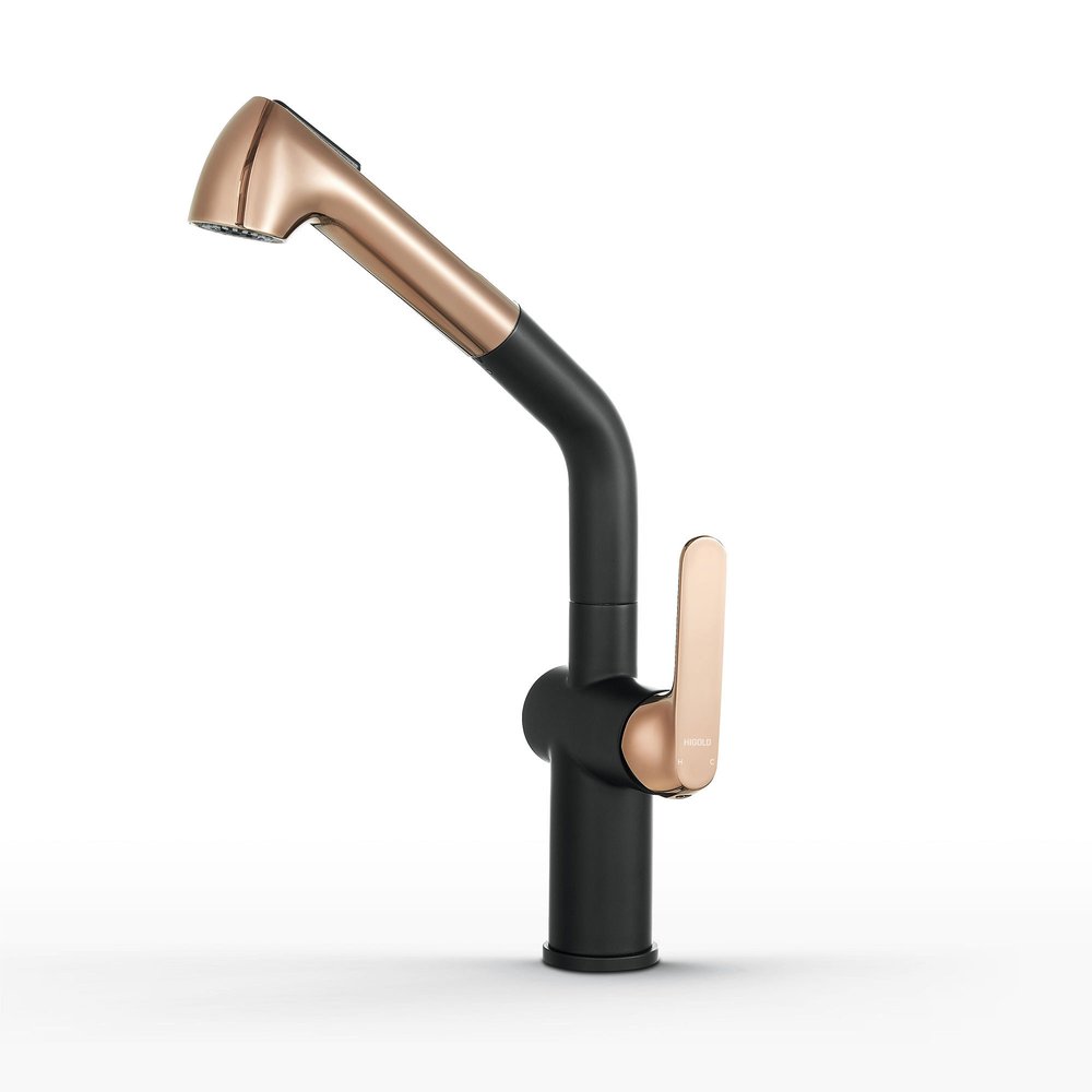 Black and rose gold pull-down bar faucet on a white background.