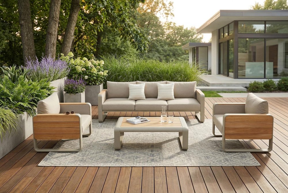Four Piece Almond Metal Outdoor Patio Set With Table