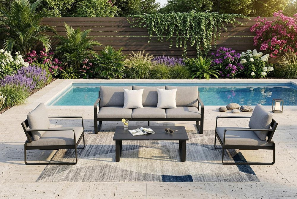 Four Piece Black Metal Outdoor Patio Set With Table