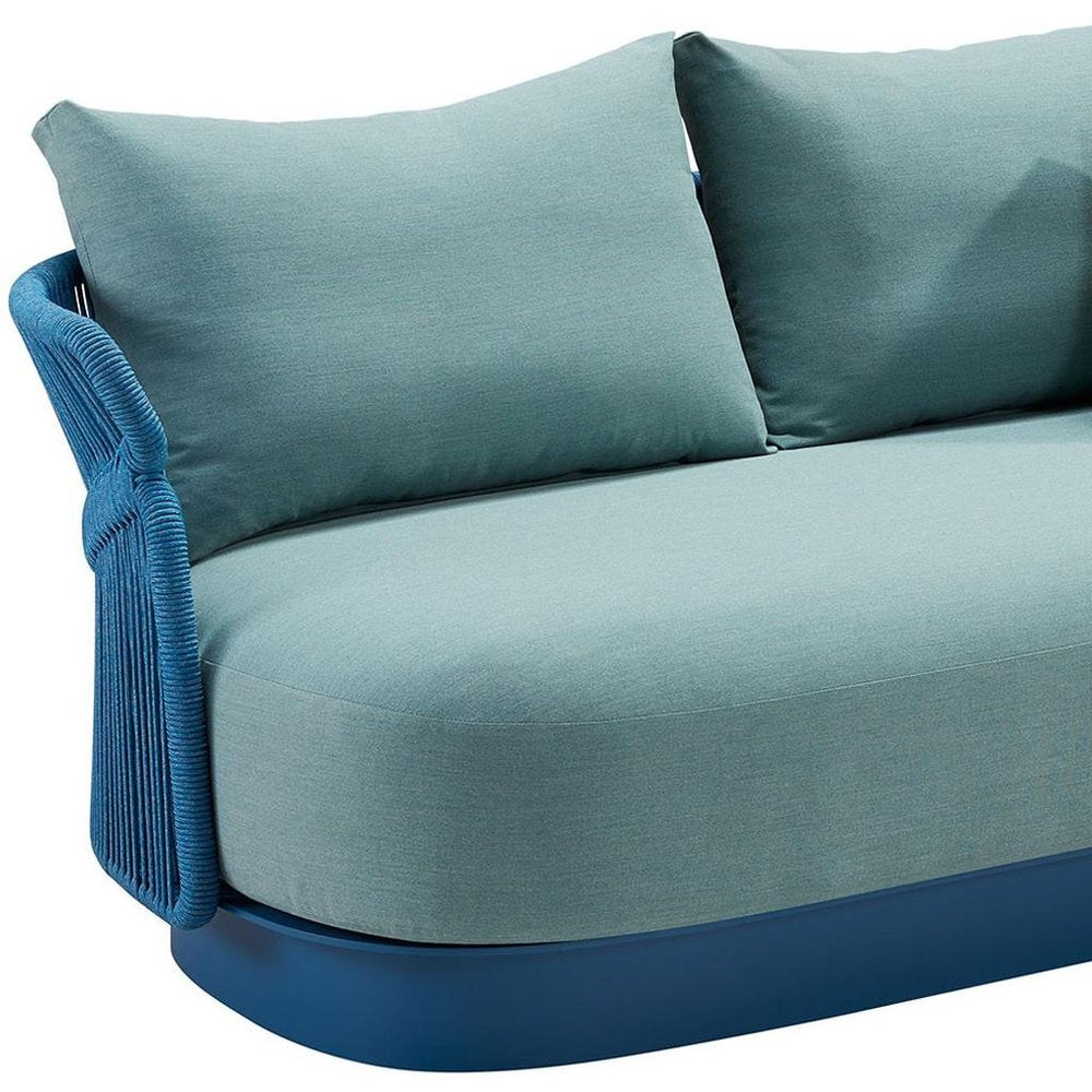 73" Green Metal Patio Sofa with Toss Pillows on a white background