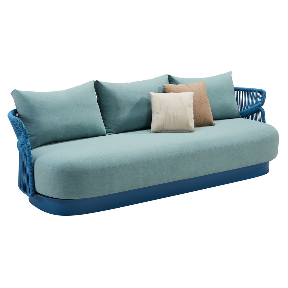 73" Green Metal Patio Sofa with Toss Pillows on a white background