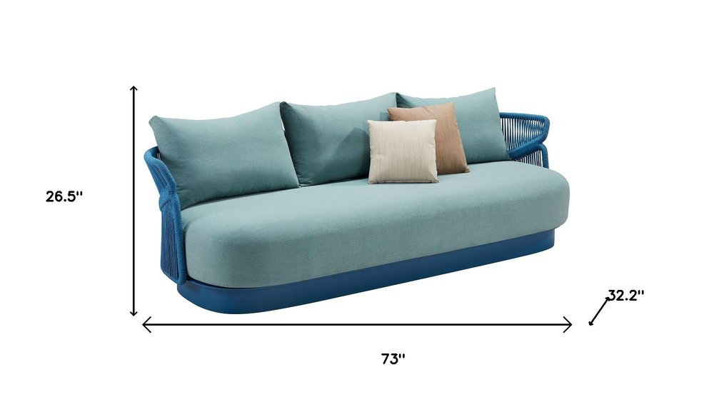 73" Green Metal Patio Sofa with Toss Pillows on a white background
