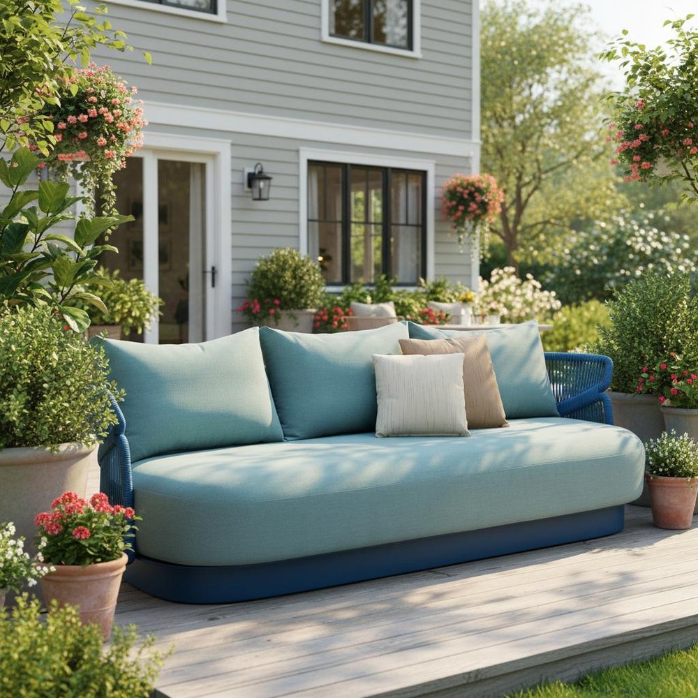73" Green Metal Patio Sofa with Toss Pillows