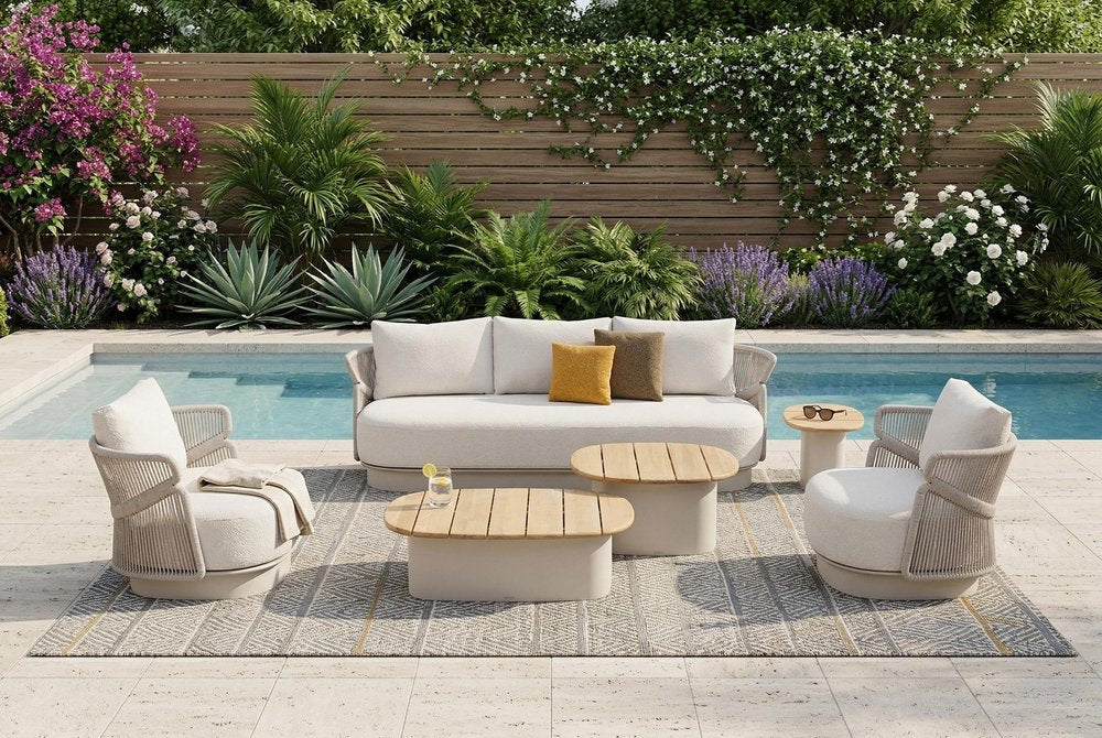 Six Piece Beige Metal Outdoor Patio Set With Table in a home interior
