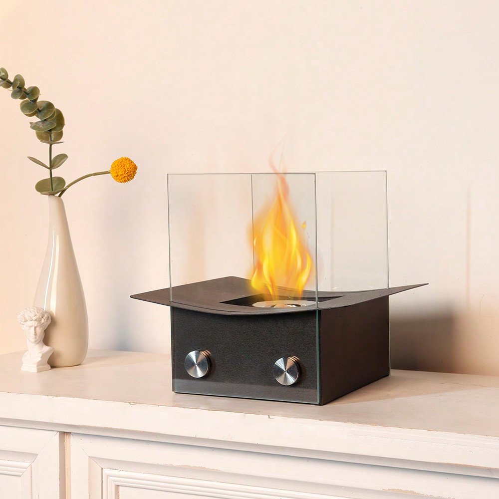 8" Black And Clear Metal And Glass BioEthanol Portable Tabletop Firepit