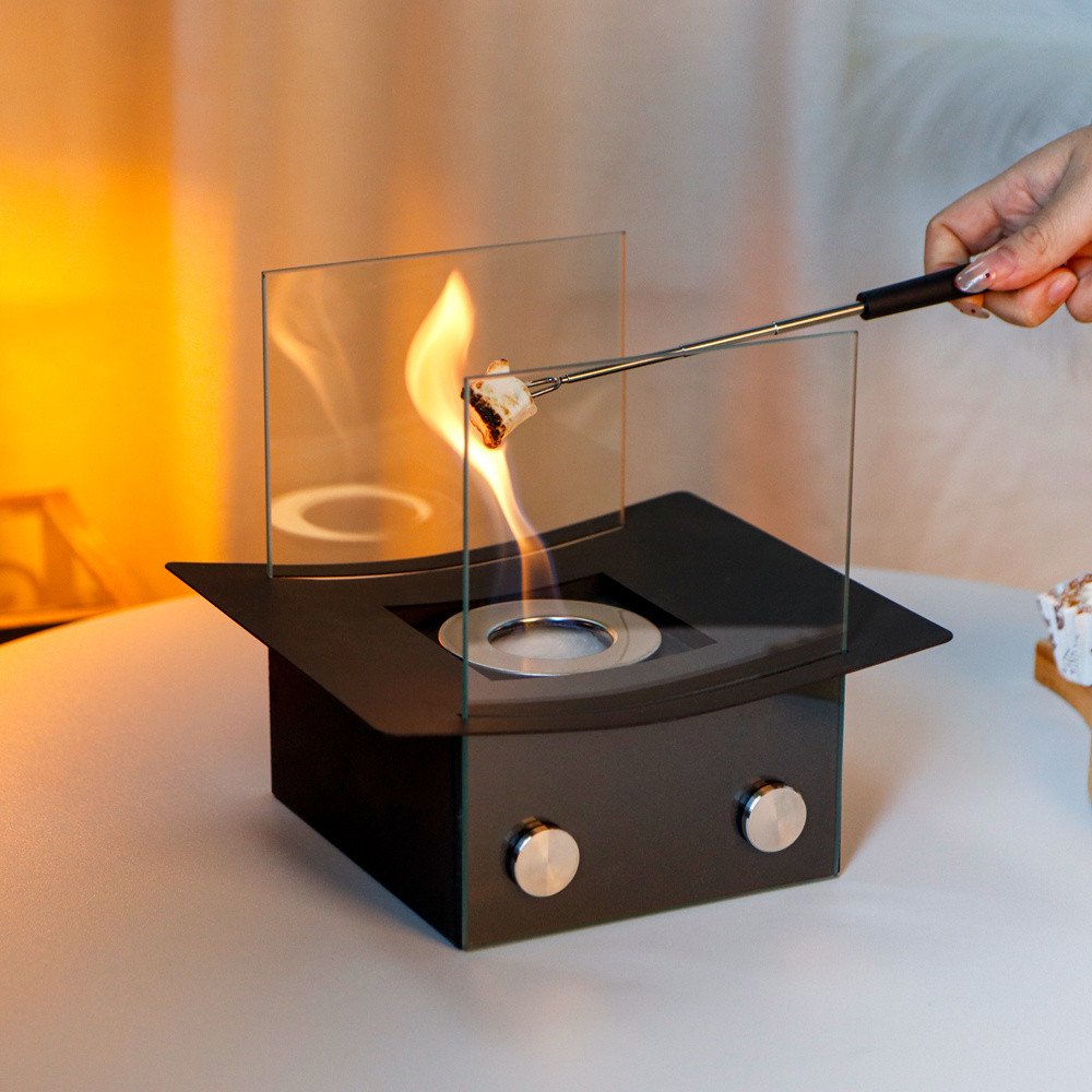 8" Black And Clear Metal And Glass BioEthanol Portable Tabletop Firepit