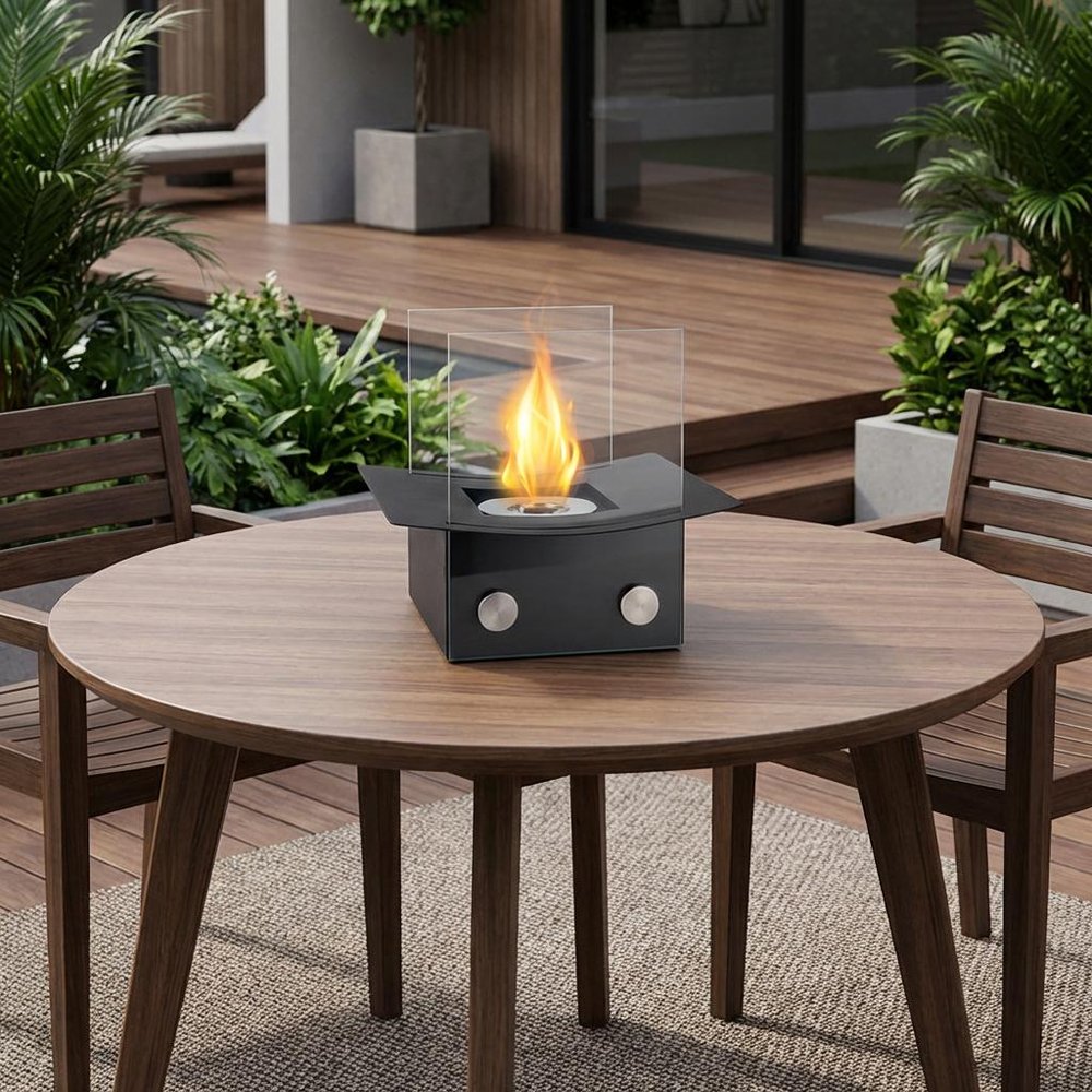 8" Black And Clear Metal And Glass BioEthanol Portable Tabletop Firepit