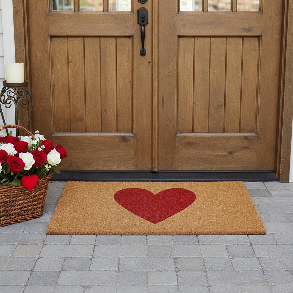36" X 72" Brown And Red Heart Outdoor Coir Door Mat