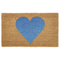 Brown coir doormat with a large blue heart design.