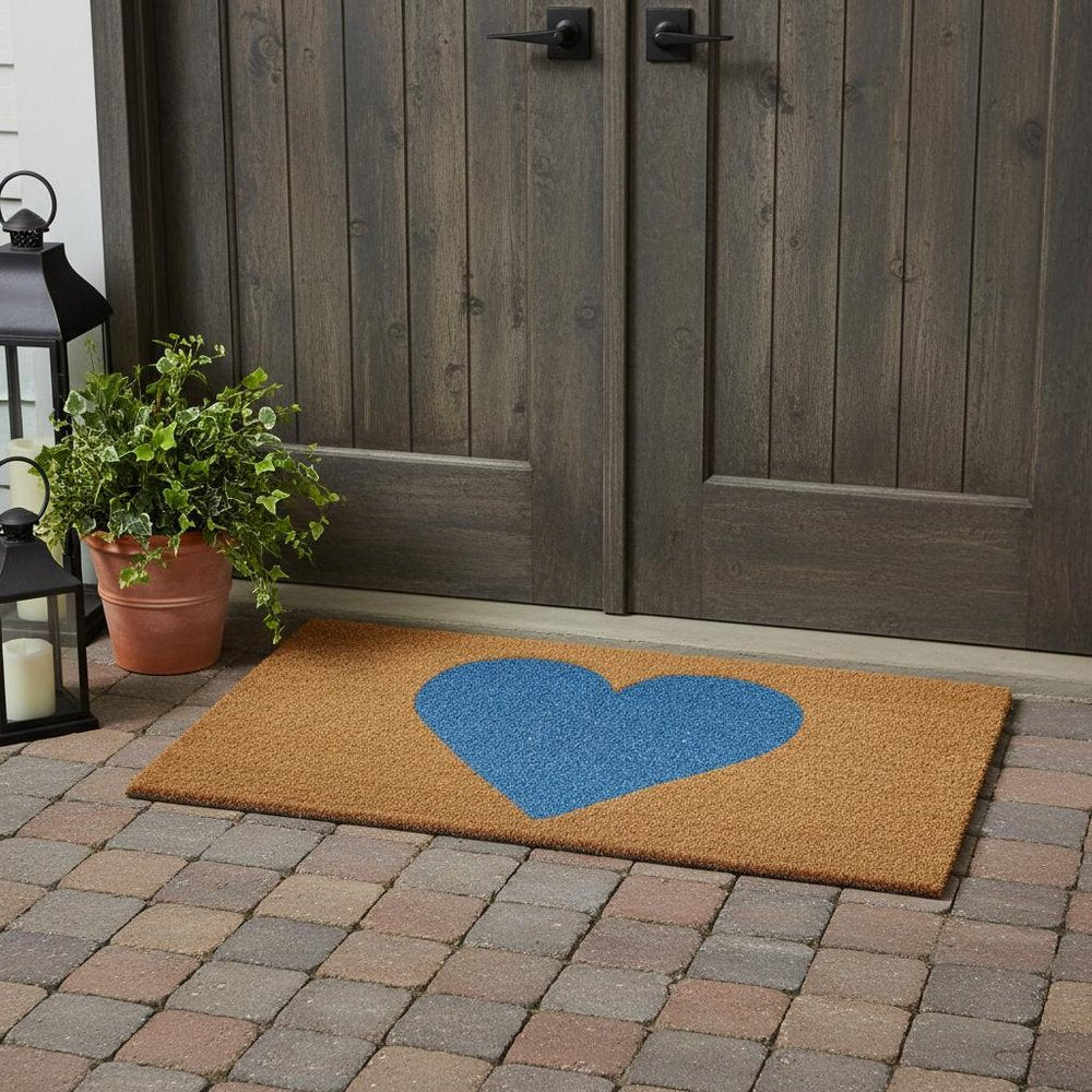 36" X 72" Brown And Blue Heart Outdoor Coir Door Mat