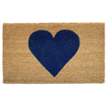 36" X 72" Dark Blue And Brown Valentine's Day Heart Welcome Outdoor Coir Door Mat. Doormat isolated on a plain white background, finished in brown.
