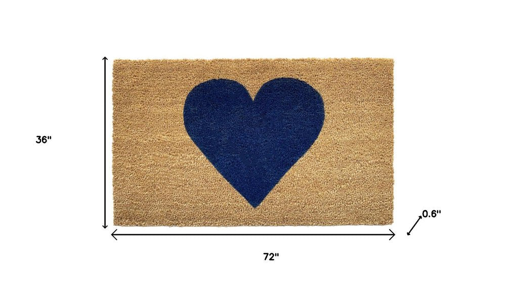 36" X 72" Dark Blue And Brown Valentine's Day Heart Welcome Outdoor Coir Door Mat